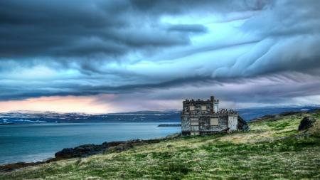 old mansion by a lake hdr - shore, mansion, old, hdr, lake, grass, sky