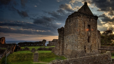 seaside castle ruins hdr - shore, sunset, hdr, sea, grass, castle, ruins