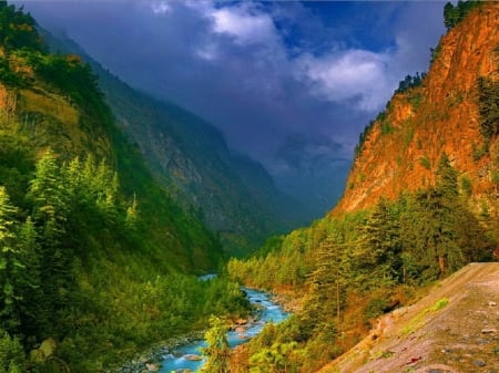 Stormy clouds over the canyon - beauty, canyons, mountains, creek, nature, river, beautiful, splendor, canada, grass