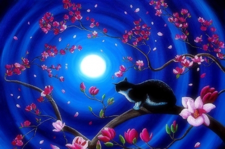 Tuxedo Cat in Magnolia - paintings, night, moonlight, flowers, moons, magnolia, cats, love four seasons, draw and paint