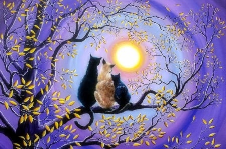 Moonlight Family - trees, draw and paint, night, moons, love four seasons, cats, family, moonlight, paintings