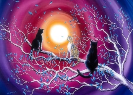 Magical Autumn - autumn, trees, draw and paint, magical, halloween cats, night, moons, fall, love four seasons, cats, paintings, moonlight