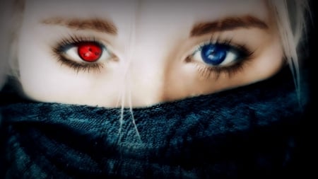 Red and Blue - colors, woman, eyes, mask