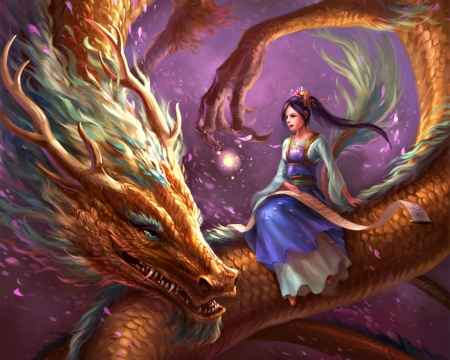 Girl and Dragon - purple, girl, blue, art, creature, sandara, fantasy, orange, dragon, woman, horns, green