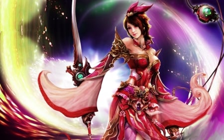 Fantasy girl - red, sword, pink, girl, blue, warrior, fantasy, asian, woman, green