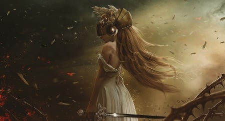 Warrior girl - woman, thornes, helmet, girl, warrior, carlos quevedo, fantasy, art, dark, luminos, petals, golden, sword