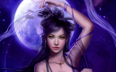 Moon beauty - moon, blue, beauty, pink, fantasy, purple, cris ortega, art, asian, luminos, luna