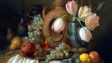 Still Life - flowers, fruits, still life, grapes