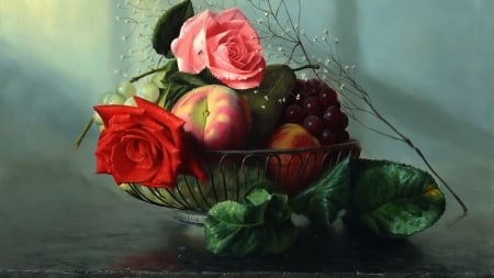 Still Life - tray, fruits, still life, roses