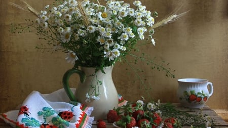 Still Life - flowers, vase, still life, strawberries