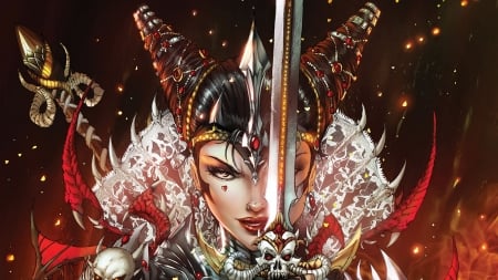 Red Queen - jamie tyndall, comics, girl, sword, black, fantasy, red queen, white, woman, face, art