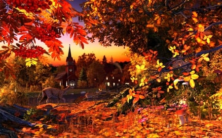 Autumn Light - landscape, village, leaves, artwork, colors