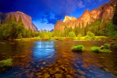 Yosemite NP - national park, trees, beautiful, forest, reflection, mountain, shore, waterfall, Yosemite, cliffs, lake, sky, rocks