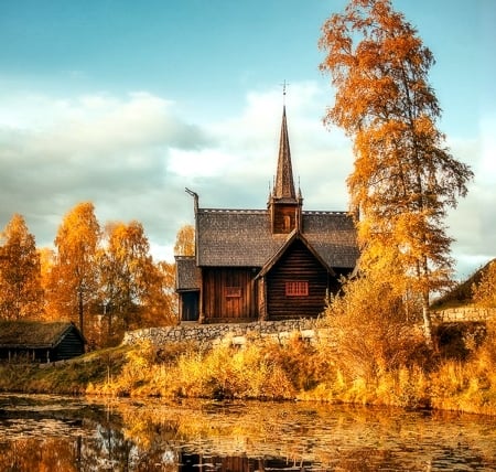 Viking Church By The Autumn Pond - Pond, Autumn, Church, Nature