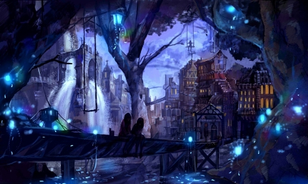 Magical Landscape - anime, town, blue, landscape, night, forest, houses, woods, trees, water, beautiful, falls, lanterns, fireflies, beauty, girls, river, fantasy, bridge