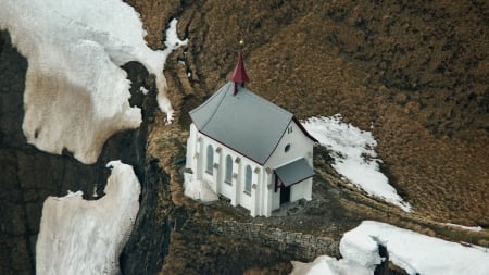 little white chapel on a cliff - cliff, chapel, white, winter