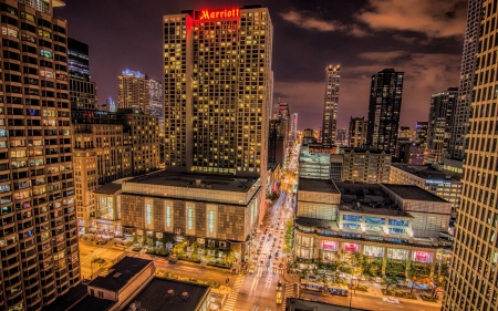 the magnificent mile along michigan ave chicago hdr - evening, city, streets, hdr, skyscrapers, lights