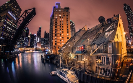 draw bridge on the lovely chicago river hdr - river, open, hdr, city, night, bridge