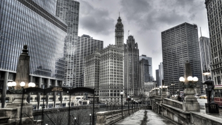 chicago riverwalk hdr - river, hdr, skyscrapers, city, walkway