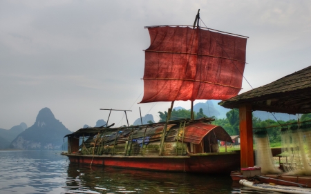 a decrepit chinese sailboat hdr - oriental, river, boat, dock, hdr, sail