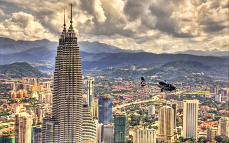 chopper over kuala lumpur hdr - clouds, hdr, helicopter, skyscrapers, city