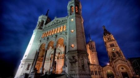 fantastic church facade from low angle hdr - low angle, night, towers, hdr, facade, charch