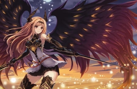 Angel - pretty, anime, swords, wings, angel, night, dark wings, long wings