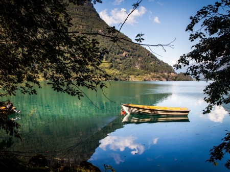 Lake Mountain - lake, reflection, clouds, boat, trees, nature, mountain