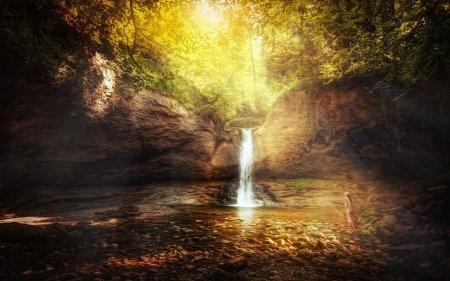 A Secret Waterfall at Sunrise - waterfall, trees, nature, sunrise