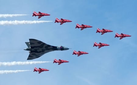 British Avro Vulcan with the Red Arrows - aircrafts, british, vulcan, military