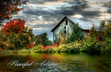 Peaceful Autumn - fall, Autumn, Peaceful, lake, cottage