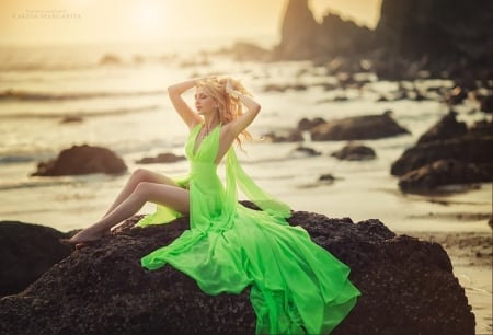 green dress - dress, beach, green, model