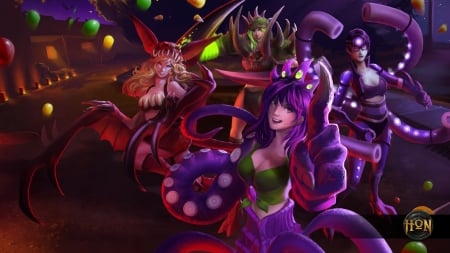 Halloween party - game, Lynn X, Blood Hunter, girl, Preda Tori, light, Ellie, dark, heroes of newerth, fantasy, Bonnie, purple, green, woman, halloween