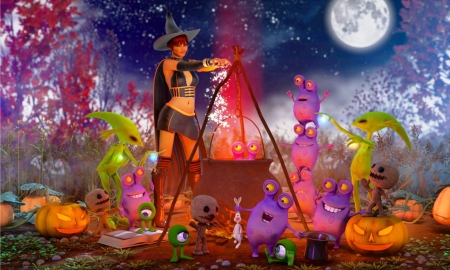 Halloween night with aliens - moon, woman, gril, hat, aliens, funny, fantasy, fire, witch, pink, orange, green, luna, pot