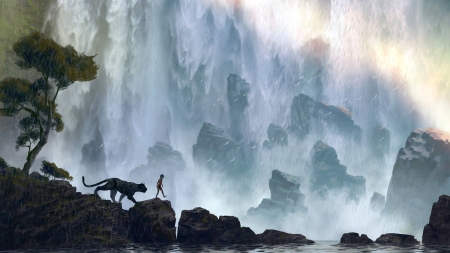 The Jungle Book (2016) - mowgli, jon favreaus, poster, blue, the jungle book, bagheera, black, pictura, fantasy, waterfall, painting, movie, panther, disney, art