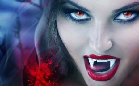 Vampire girl - woman, girl, vampire, fantasy, white, face, fang, red, blue