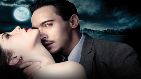 Dracula (2013-2014) - moon, woman, actress, girl, tv series, vampire, fantasy, jonathan rhys meyers, poster, man, blue, jessica de gouw, actor, luna, dracula