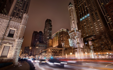 chicago at night in long exposure - street, traffic, might, long exposure, city, lights