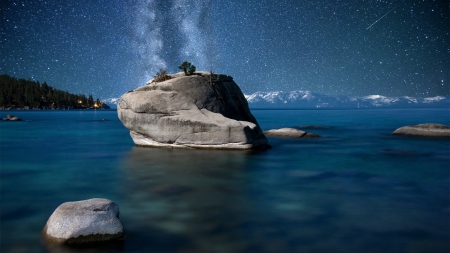 boulder in a lake under a starry night sky - lake, rocks, boulder, stars, night