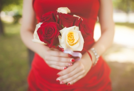 Roses - woman, white, blossoms, red, flowers