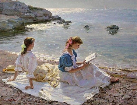 Picnic - painting, girls, sea, beautiful