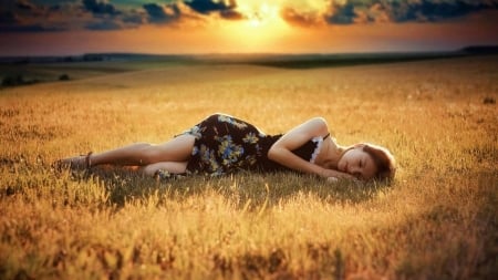 Sleeping - field, girl, sunset, pretty