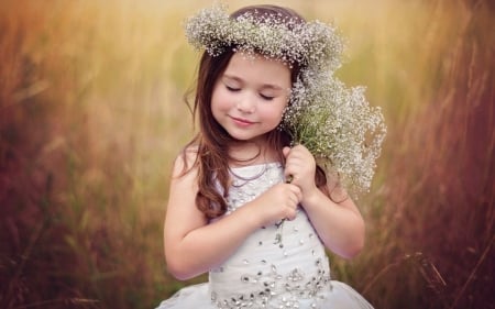 Cute Little Girl - dress, girl, field, wreath