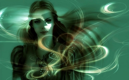 Aquatic Dream - aqua, abstract, fantasy, wind, woman, green, girl, wallpaper