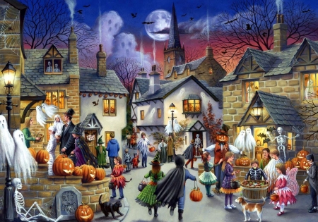 Halloween - moon, fun, autumn, scary, houses, people, night, ghosts, painting, halloween, pumpkins, village, town, october, artwork