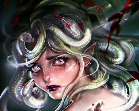 Medusa's sorrow - medusas sorrow, fantasy, snake, girl, face, gorgona, art, sakimichan