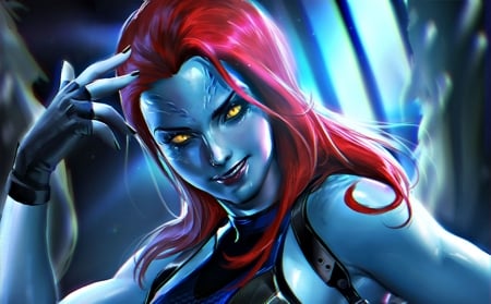 Mystique - face, pink, comics, sakimichan, girl, blue, art, mystique, fantasy, woman