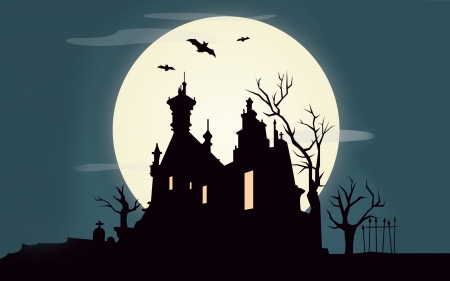 Happy Halloween! - mansion, black, luna, blue, white, fantasy, bat, moon, night halloween, house, luminos