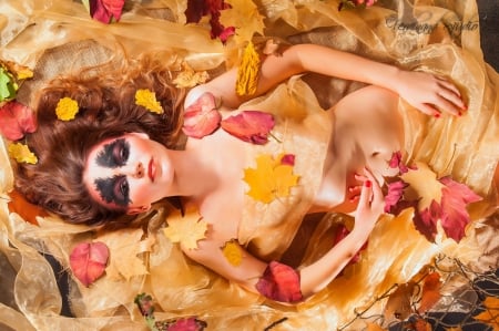 Autumn beauty - beauty, woman, ferdinand, autumn, mask, girl, make-up, leaf, studio, model, red, orange