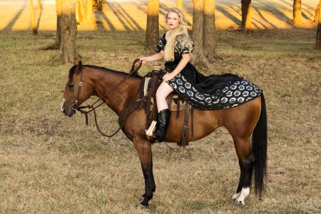 Cowgirl Mikki Daniel - horse, cowgirl, mikki daniel, blonde, singer, trees, dress, boots